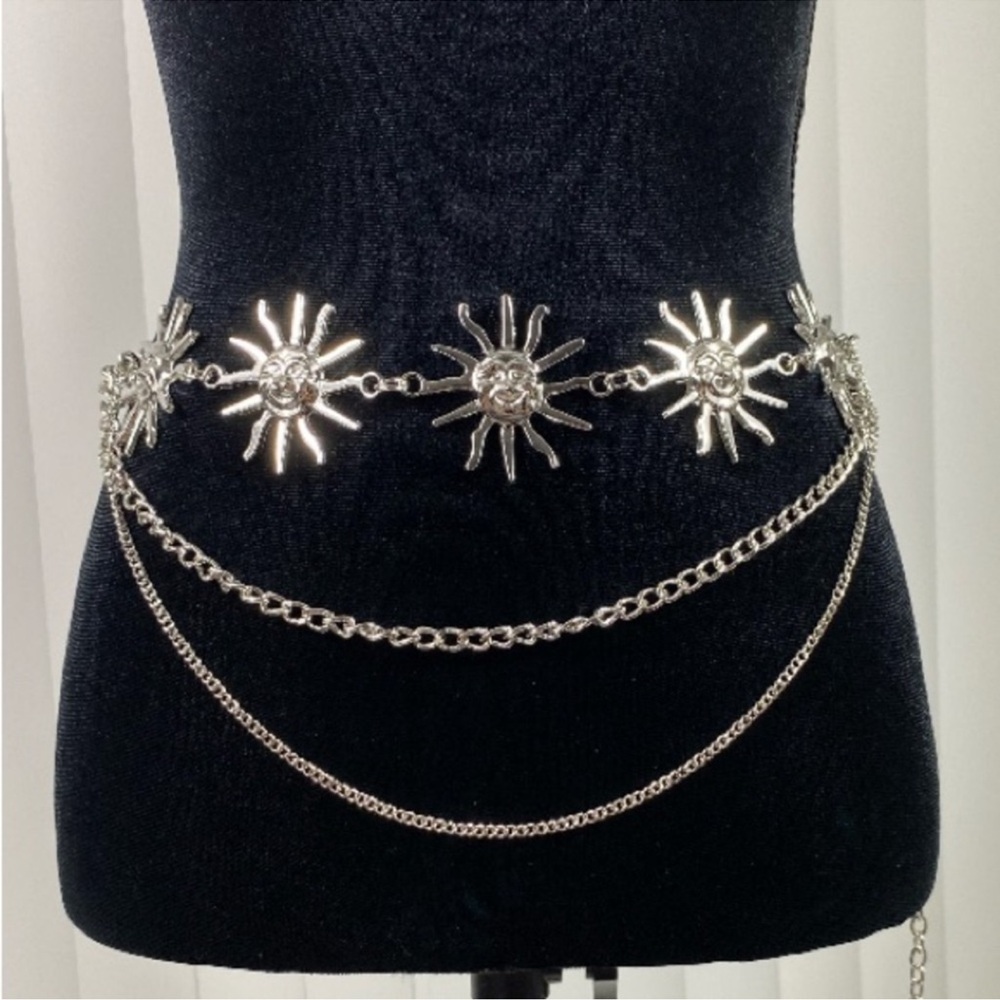 Celestial Sun Multi Layer Chain Statement Belt Metal Waist Belt Silver